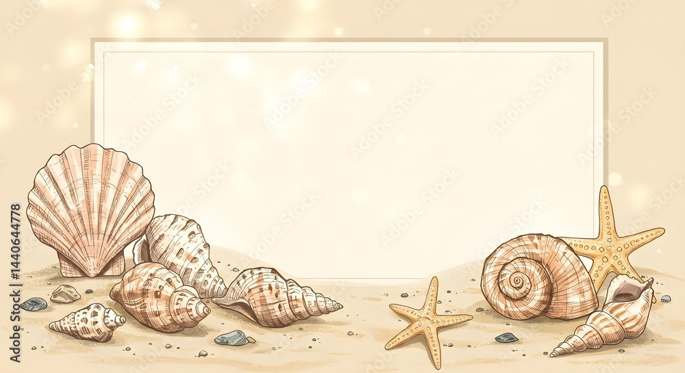Seashells and starfish on a sandy beach with a blank sign. Perfect for summer vacation or travel themes.