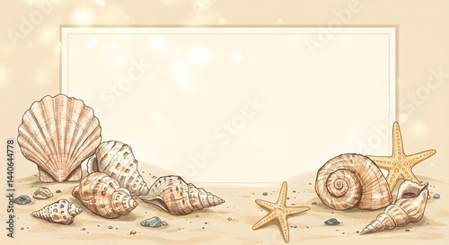 Obraz na płótnie Seashells and starfish on a sandy beach with a blank sign. Perfect for summer vacation or travel themes. w salonie