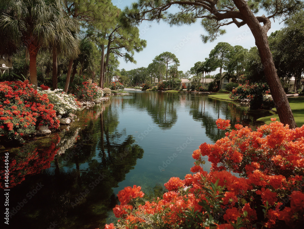 Tranquil Pondside Paradise. Colorful azaleas frame a serene lake, reflecting lush greenery and homes.