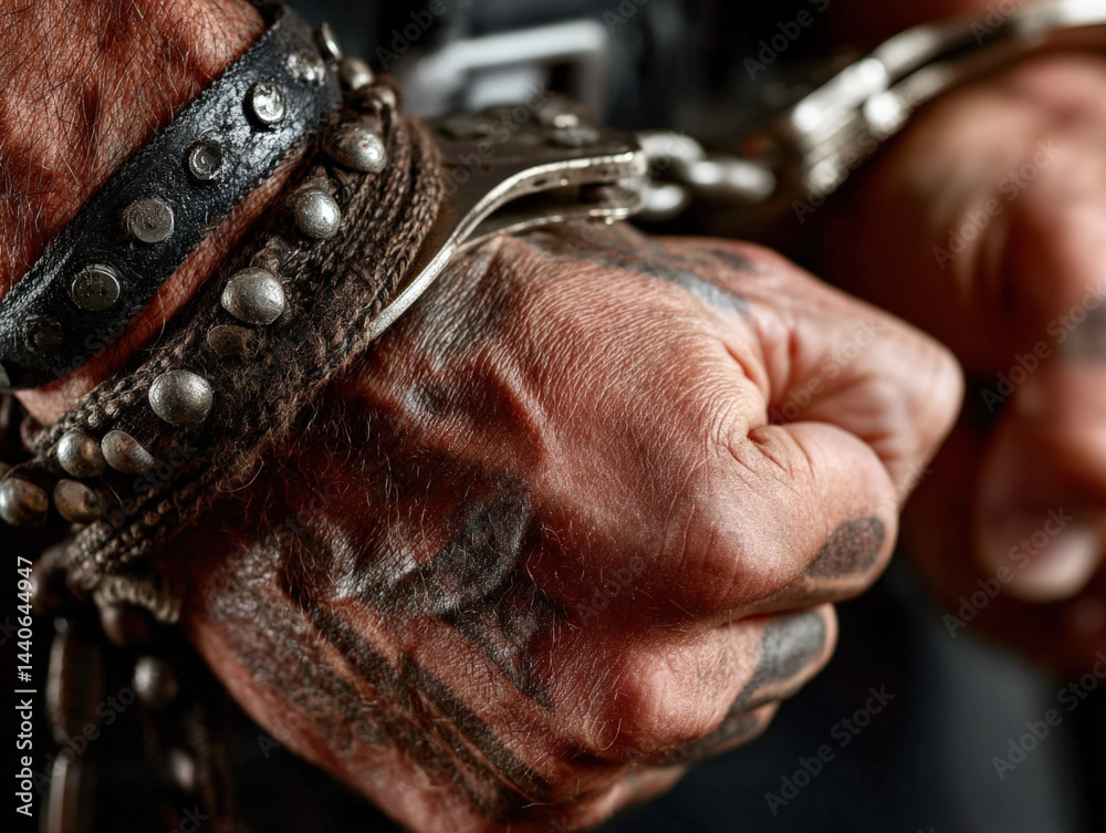 Arrested Outlaw's Hands. Tattooed Man in Handcuffs. Crime Scene.