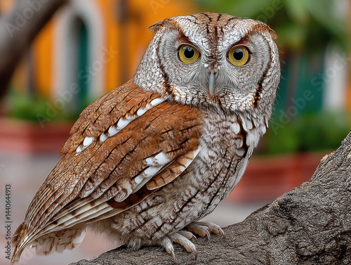 Obraz na płótnie A picturesque image of a Western Screech Owl perched on a branch w salonie