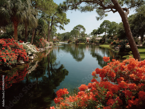 Obraz na płótnie Tranquil Pondside Paradise. Colorful azaleas frame a serene lake, reflecting lush greenery and homes. w salonie