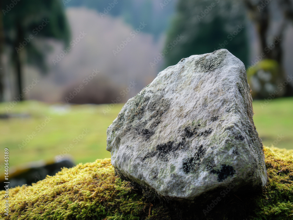 Solitary rock rests on bed of vibrant green moss, set against blurred natural background of trees and hills, evoking sense of tranquility and connection with nature