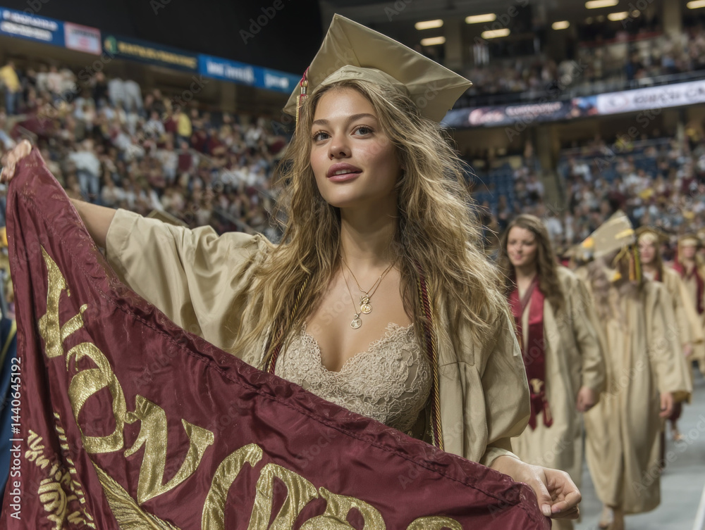 Proud Grad Holds School Banner. Graduation Day.