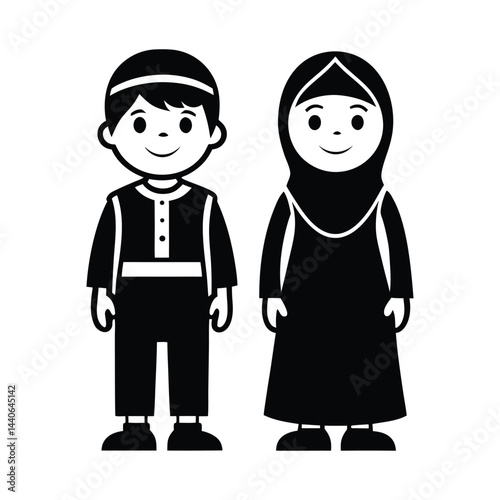 Muslim Boy and Girl Cartoon Silhouette in Traditional Clothing vector illustration on white background