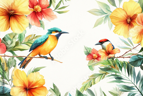 Bright watercolor composition with exotic flowers and birds on a light background photo