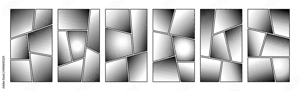 Fototapeta premium Set of white and black halftone comic manga book template screentone page. Pop art halftone frame background with dot effects. Vector cartoon illustration