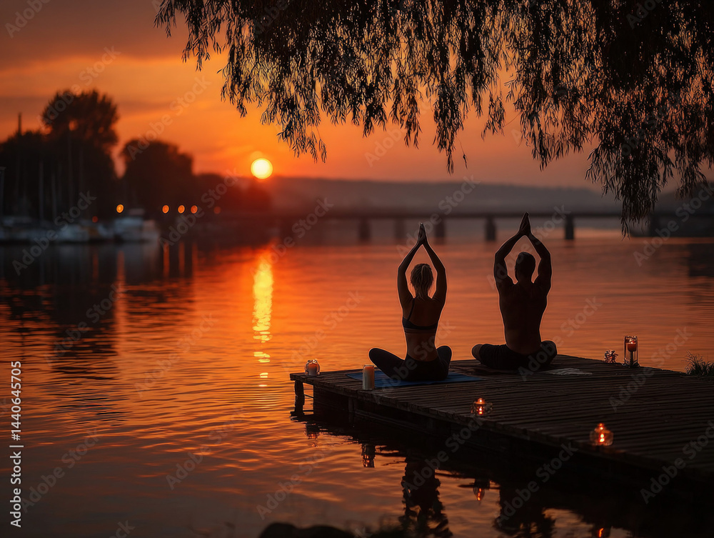 Sunset Yoga on the Pier. Couple meditating. Peaceful.