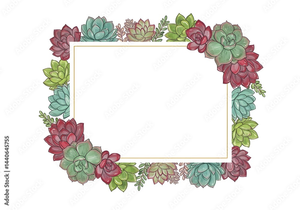 A charming watercolor illustration featuring succulents in shades of red, green, and purple, forming a delicate frame around a blank space, perfect for adding text or images.