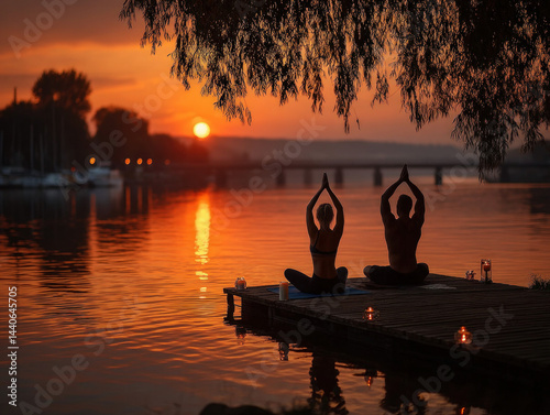 Obraz na płótnie Sunset Yoga on the Pier. Couple meditating. Peaceful. w salonie