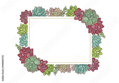 Obraz na płótnie A charming watercolor illustration featuring succulents in shades of red, green, and purple, forming a delicate frame around a blank space, perfect for adding text or images. w salonie