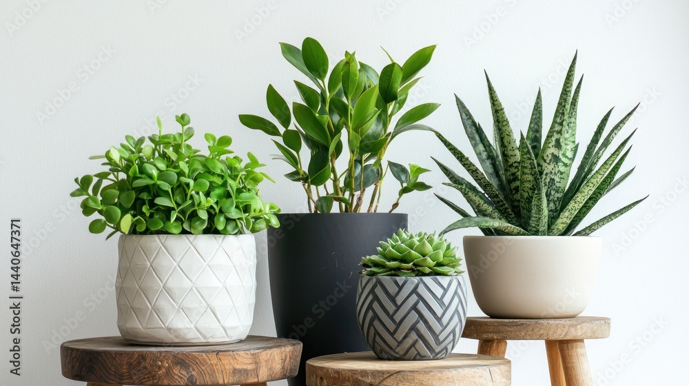 Fototapeta premium Set of modern indoor plants in geometric pots on wooden stools on white background.
