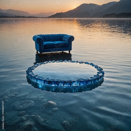 A dazzling sapphire blue sofa floating in a crystal-clear lake at sunset.