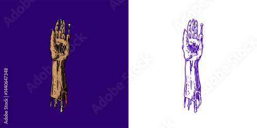 Hand of a walking dead or zombie from horror movies. Halloween witchcraft and sorcery things magician and voodoo hand drawn engraved 