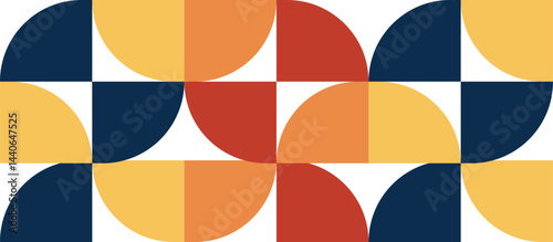 Geometric abstract art, Bauhaus style, semicircles and quarter circles, navy blue, mustard yellow, burnt orange, white background, 