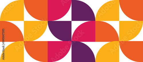 Geometric pattern, retro design, vibrant colors, orange yellow purple, quarter circles, abstract composition, vintage style, symmetrical layout, mid-century modern, minimalist shapes,