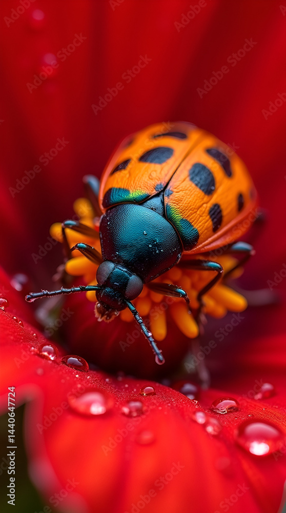 Fototapeta premium Vibrant Beetle on Red Flower: A Close-Up of an Insect with Black Spots