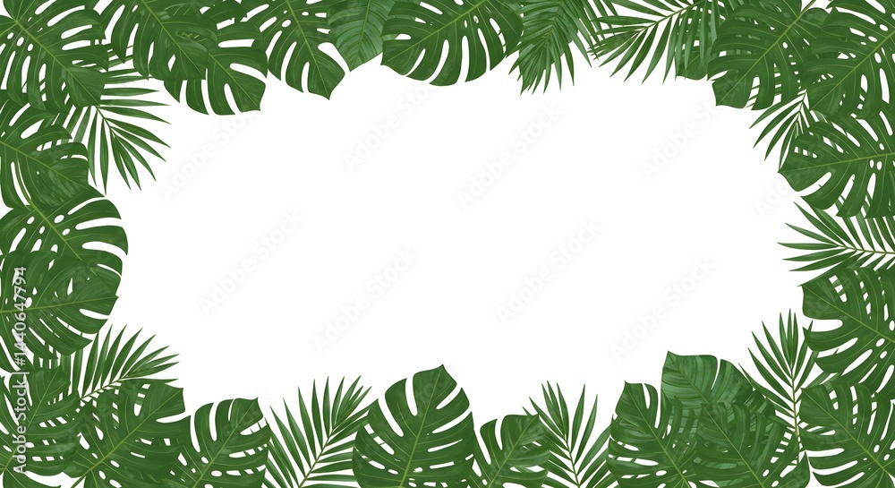 Lush tropical leaves create a vibrant frame, perfect for summer designs. The rich green hues and varied textures offer a refreshing aesthetic.