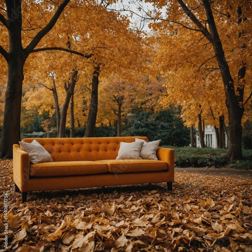 A golden orange sofa surrounded by autumn trees and falling leaves.