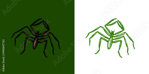Amblypygi or whip-spider or tailless scorpions. Halloween witchcraft and sorcery insects magician and voodoo hand drawn engraved 