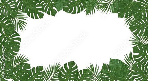 Obraz na płótnie Lush tropical leaves create a vibrant frame, perfect for summer designs. The rich green hues and varied textures offer a refreshing aesthetic. w salonie