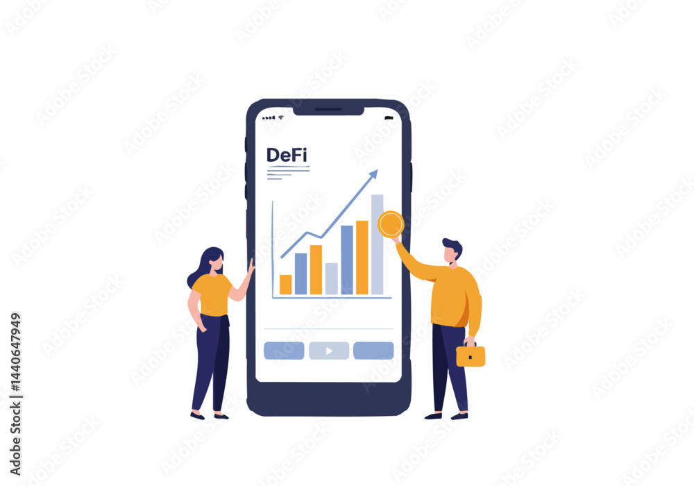 A couple excitedly examines a DeFi app on a large smartphone, showcasing growth and financial opportunity. Modern, bright, and optimistic concept.