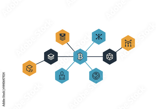 Abstract network diagram with Bitcoin at the center, connected to various blockchain icons. Modern, clean design for technology and finance concepts.