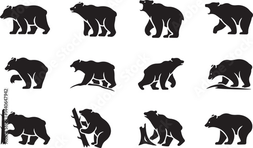 Bear Silhouette Icons Collection in Black Vector Style for Wildlife, Nature, and Animal Designs