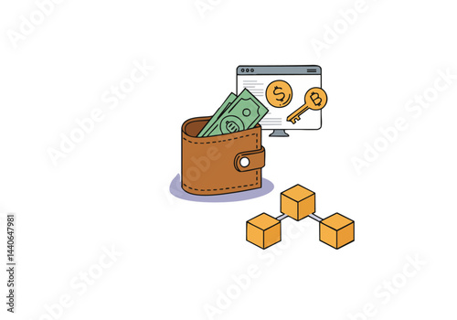 A digital wallet illustration displays cryptocurrency and a multi-signature key. Modern, clean design suitable for finance, blockchain, and security concepts.