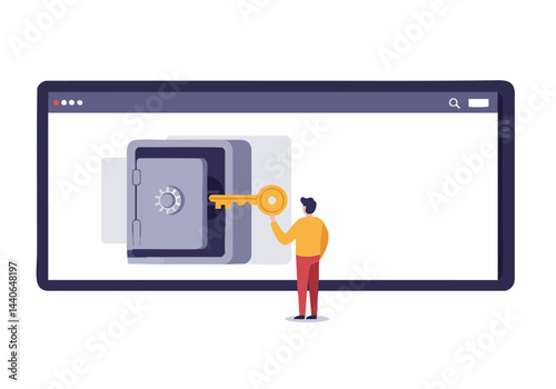 A man unlocks a digital safe on a computer screen, symbolizing security, access, and online protection. Clean, modern design for business or tech concepts.