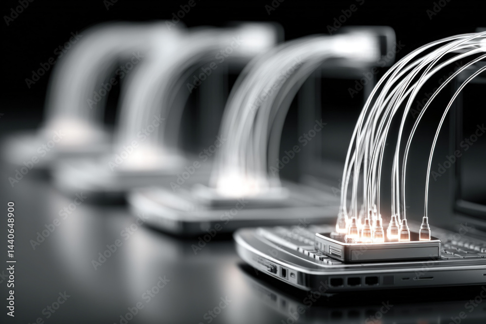 Connected Network of Laptops. Data Flow. Modern Tech.