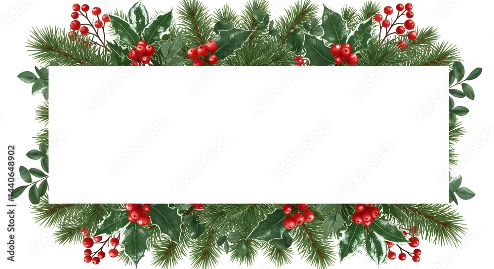 Festive holiday border with evergreen boughs, holly, and winter berries. Perfect for seasonal greetings!