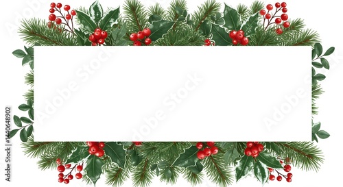 Obraz na płótnie Festive holiday border with evergreen boughs, holly, and winter berries. Perfect for seasonal greetings! w salonie