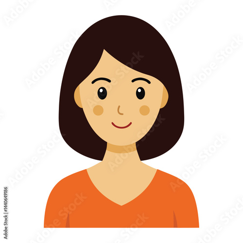 Flat vector illustration of smiling woman with brown hair and orange shirt