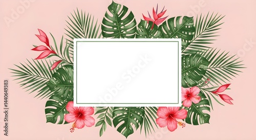 Pink hibiscus and tropical leaves frame a blank space, perfect for your text or image. A vibrant summer design!
