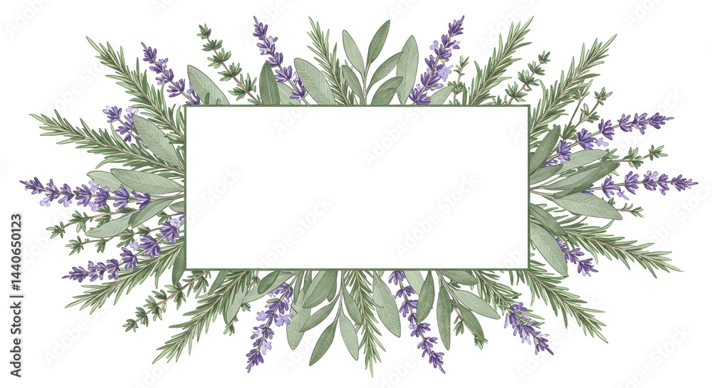 A charming illustration featuring lavender, rosemary, sage, and thyme creating a beautiful frame with a blank space in the center.