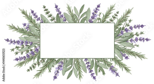 Obraz na płótnie A charming illustration featuring lavender, rosemary, sage, and thyme creating a beautiful frame with a blank space in the center. w salonie