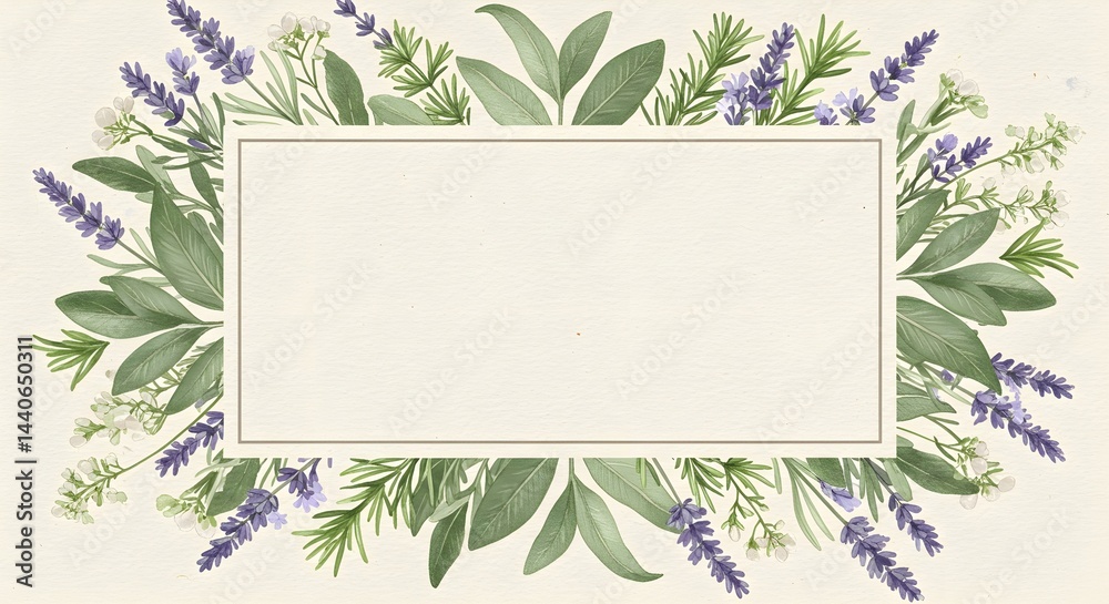 A lovely watercolor illustration featuring lavender, rosemary, and sage creating a delicate, rectangular frame. Perfect for invitations or announcements.