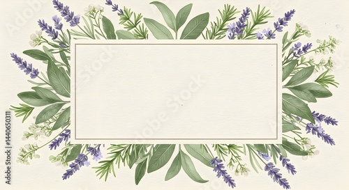 Obraz na płótnie A lovely watercolor illustration featuring lavender, rosemary, and sage creating a delicate, rectangular frame. Perfect for invitations or announcements. w salonie