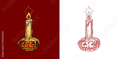Halloween pumpkin with a candle on it. Witchcraft and sorcery things magician and voodoo hand drawn engraved 