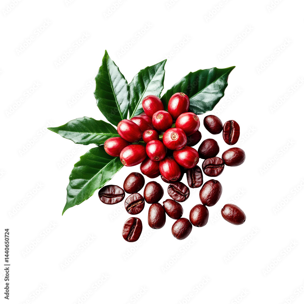 Fresh Coffee Beans and Cherries on Branch with Green Leaves Fresh Coffee Beans and Cherries on Branch with Green Leaves