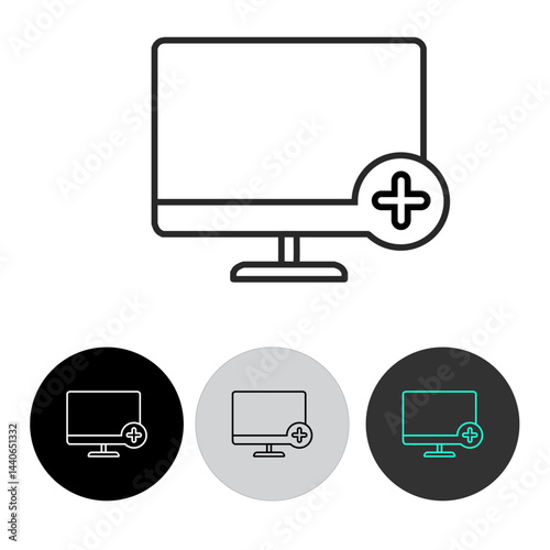 added monitor vector icon, line icon, monitor in black, white and light blue, using black, white, light black circle button