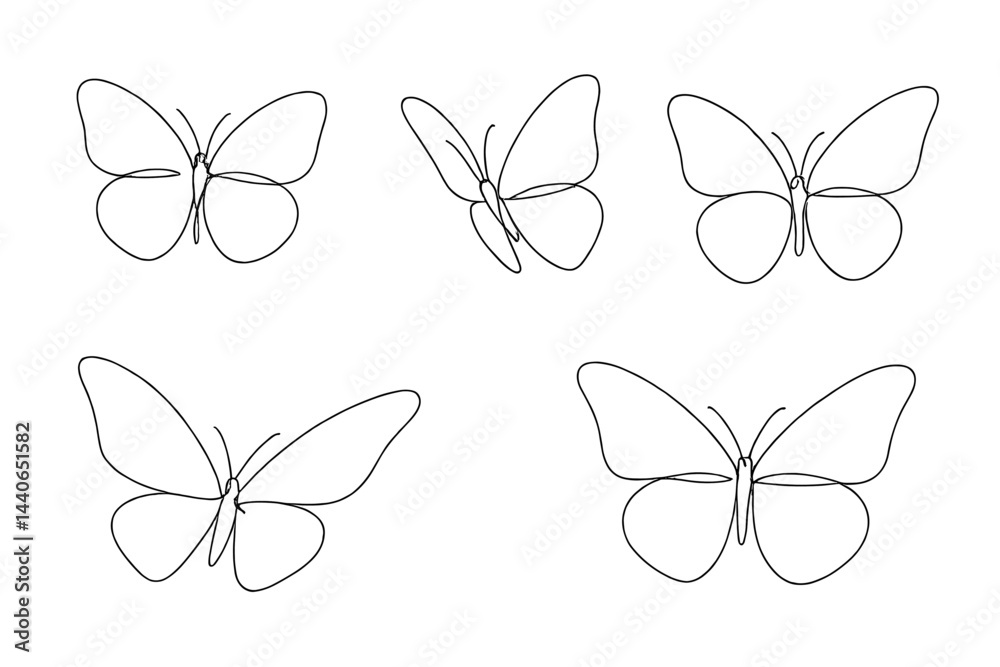 Five minimalist line drawings of butterflies showcasing different wing positions and styles on a plain background Five minimalist line drawings of butterflies showcasing different wing positions and styles on a plain background