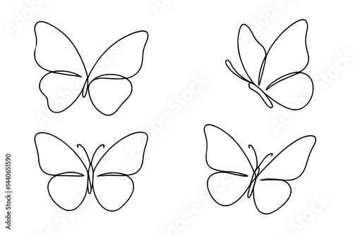 Butterflies drawn in continuous line art showcasing elegant shapes and graceful forms in black on a white background