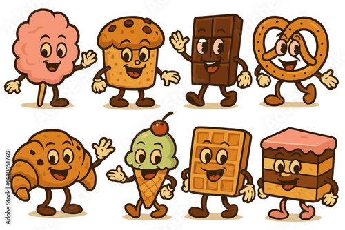 Colorful cartoon desserts march happily in a playful bakery setting showcasing various sweet treats and snacks