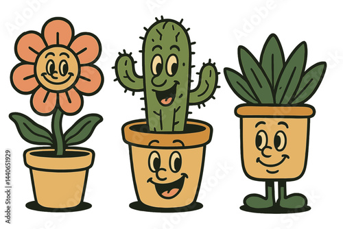 Colorful cartoon plants with smiling faces in cheerful pots display a lively scene of botanical charm and whimsy