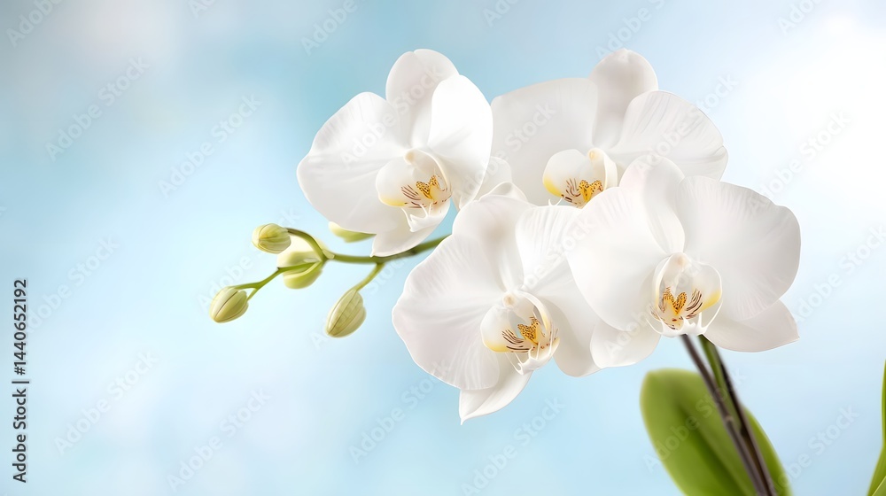 Fototapeta premium Elegant White Orchid Blossoms Against Soft Blue Background Evoking Calm and Tranquility