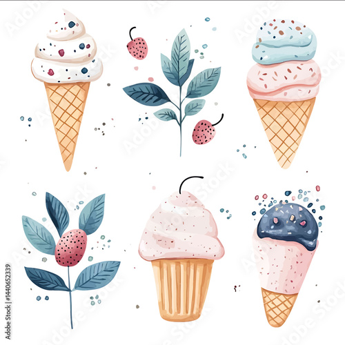 BOHO STYLE CLIPART ON Ice cream WATERCOLOR FLAT VECTOR ISOLATED ON WHITE BACKGROUND ORGANIC MINIMALISTIC SINGLE DESIGN NEUTRAL COLORS