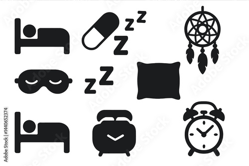 Sleep and rest symbols depicting relaxation, sleep aids, and bedtime routines displayed in a minimalistic style