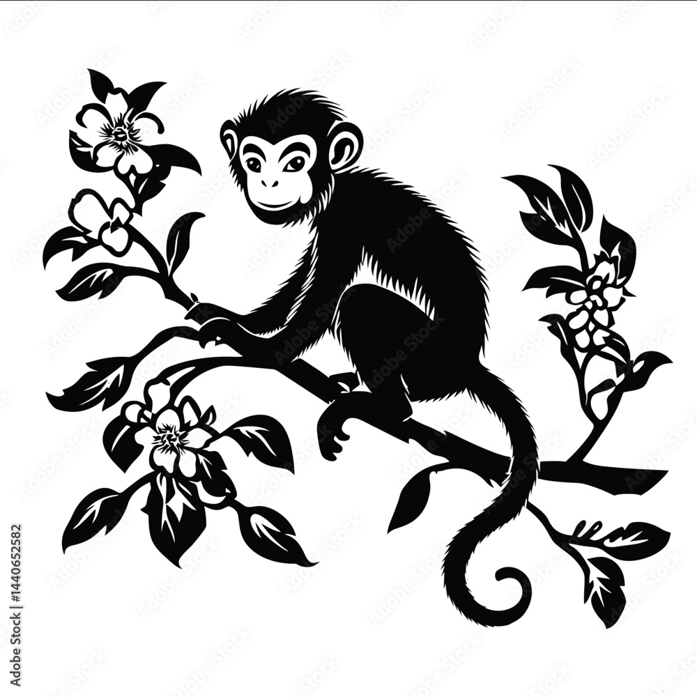 A black and white vector illustration of a monkey on a branch designed in a style similar to a flat design vector illustration with simple shapes thick lines and no background detail